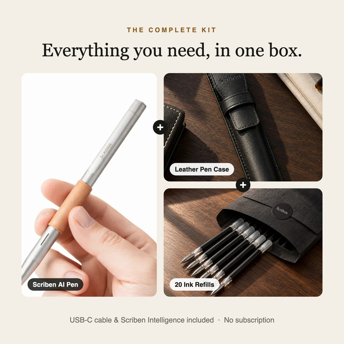 Scriben Complete Kit in silver: AI pen, leather pen case and 20 ink refills