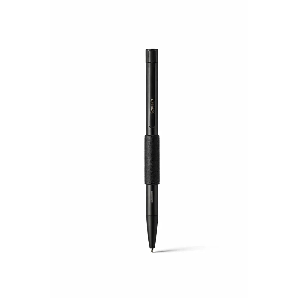 Scriben AI Pen in matte black with leather grip, full length