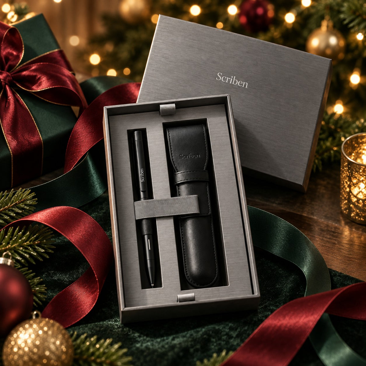 Scriben Holiday Gift Edition: black AI pen and leather case in a silver-grey gift box with holiday ribbon