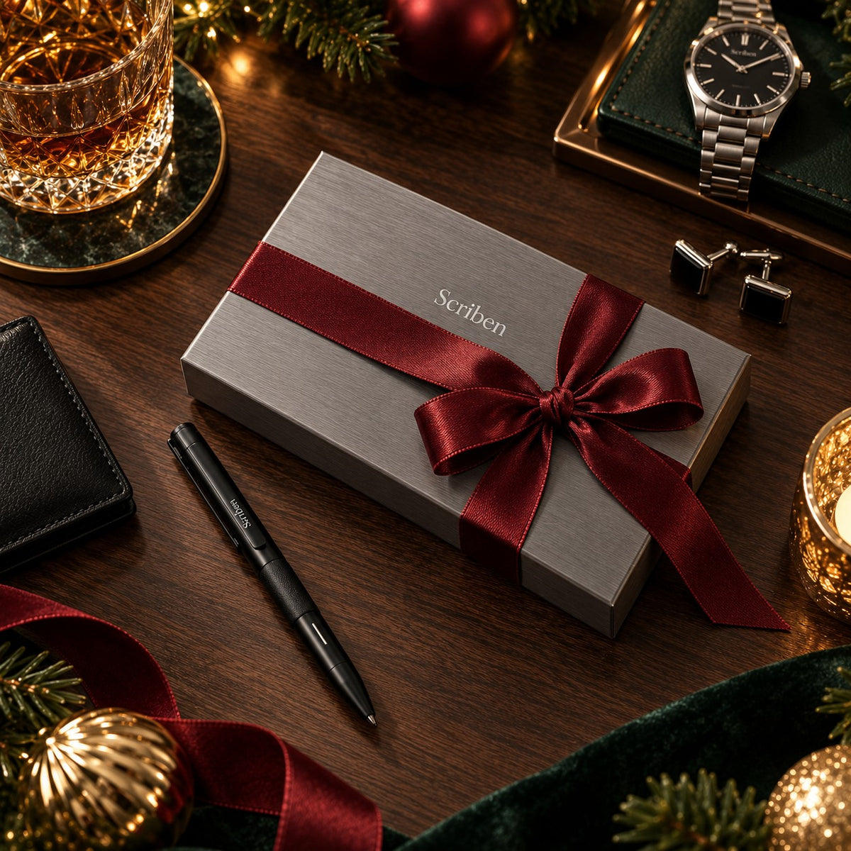 Scriben gift box tied with a burgundy ribbon beside a watch, wallet and cufflinks: the gift for the one who has everything