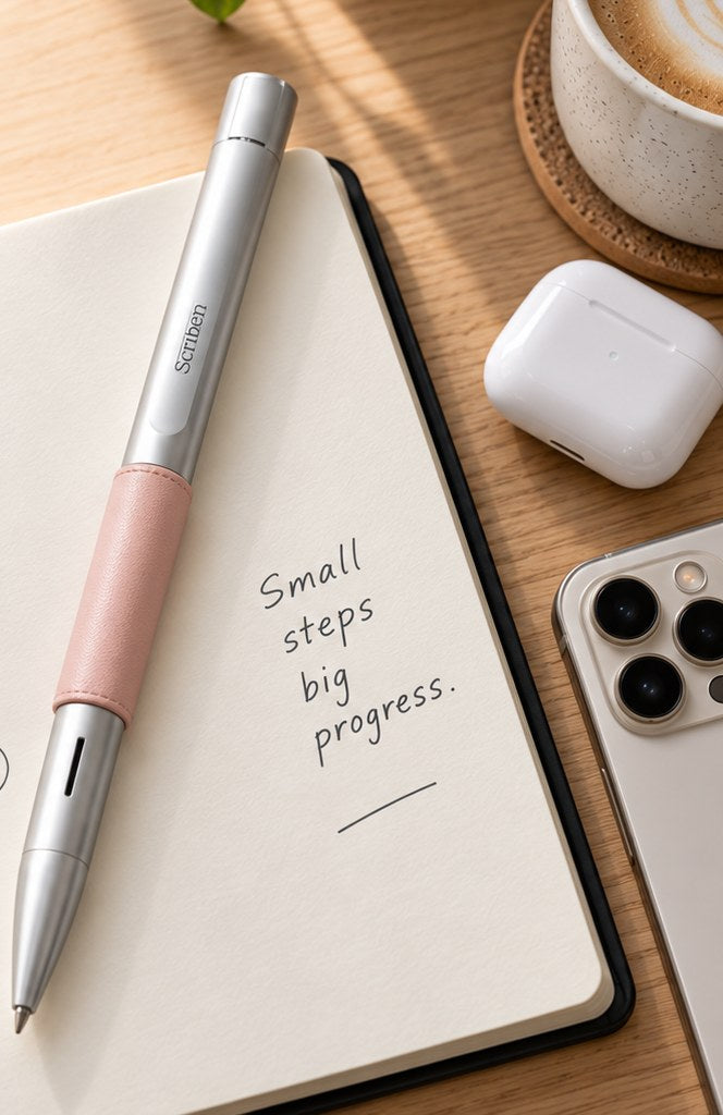 Scriben Lite AI pen with blush leather sleeve on an open notebook
