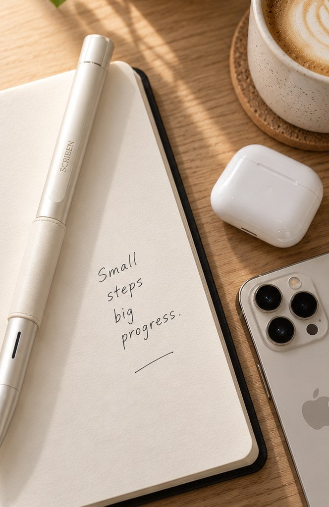 Scriben Lite AI pen in ivory on an open notebook