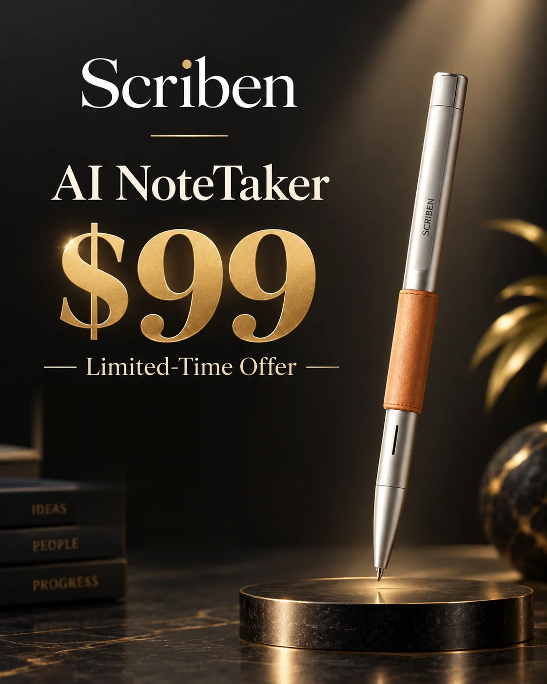 Scriben AI NoteTaker in silver, $99 limited-time offer, no subscription fee