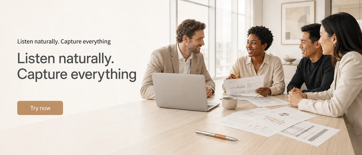 Professionals in a meeting with the Scriben AI pen on the table