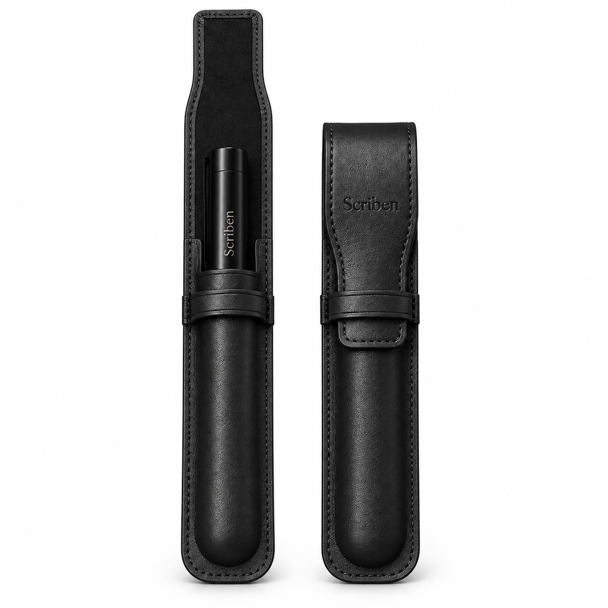 Leather pen case open with pen and closed, side by side