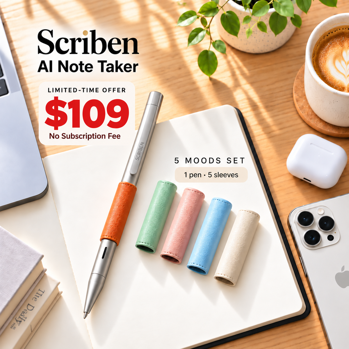 Scriben Lite 5 Moods Set: one pen with five leather sleeves in Orange, Sage, Blush, Sky and Ivory