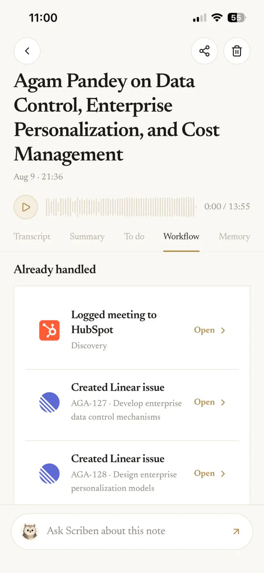 Ask Scriben answering a question from meeting context