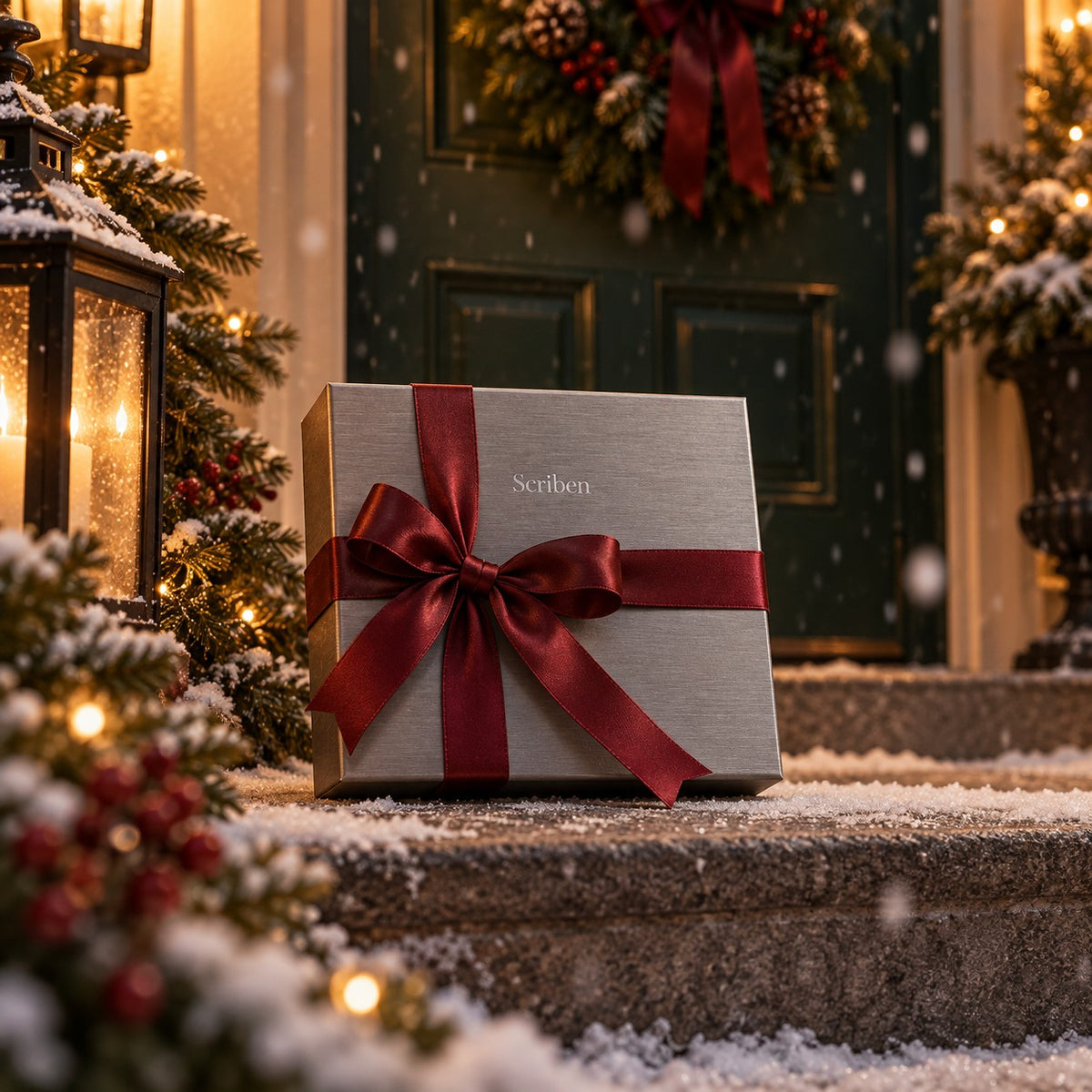 Scriben gift box with a red bow delivered to a snowy doorstep
