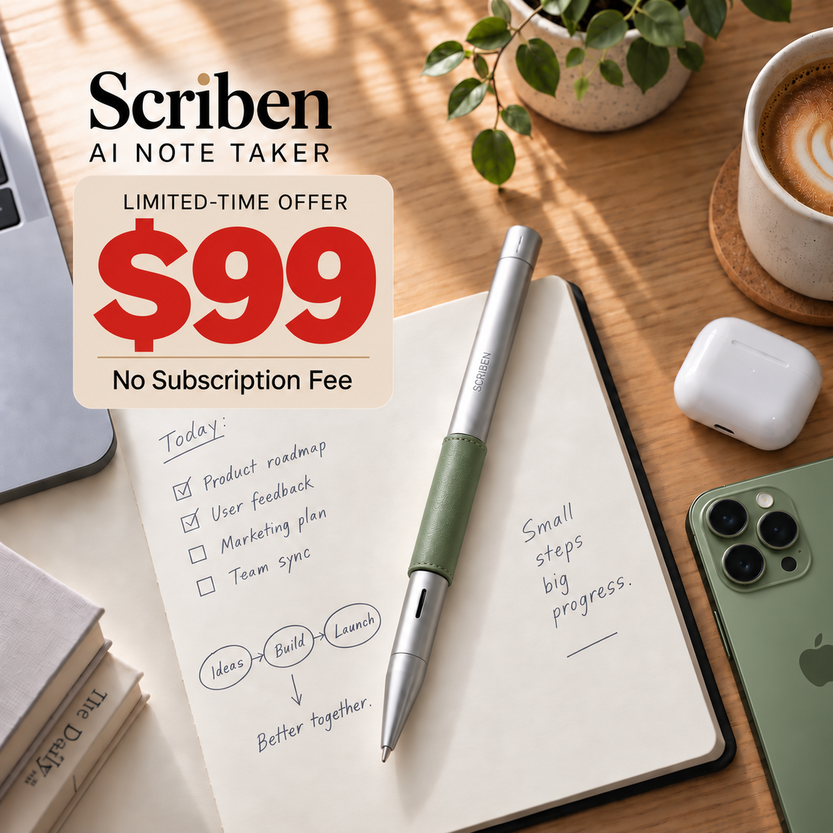 Scriben Lite AI pen with sage leather sleeve