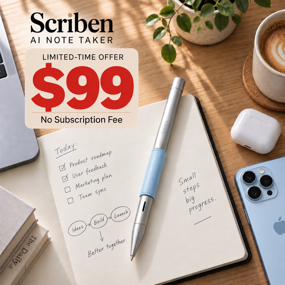 Scriben Lite AI pen with sky leather sleeve