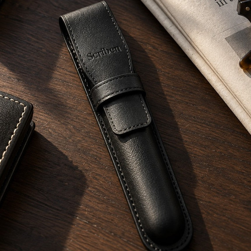 Scriben genuine black leather pen case