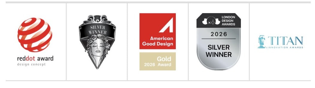 Award logos including Red Dot Winner 2026, MUSE Silver Winner, American Good Design Gold Award, London Design Awards Silver Winner, and TITAN Innovation Awards