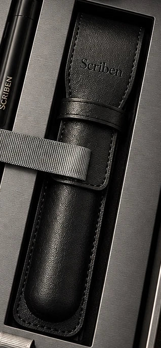 Handcrafted black leather pen case with tonal stitching